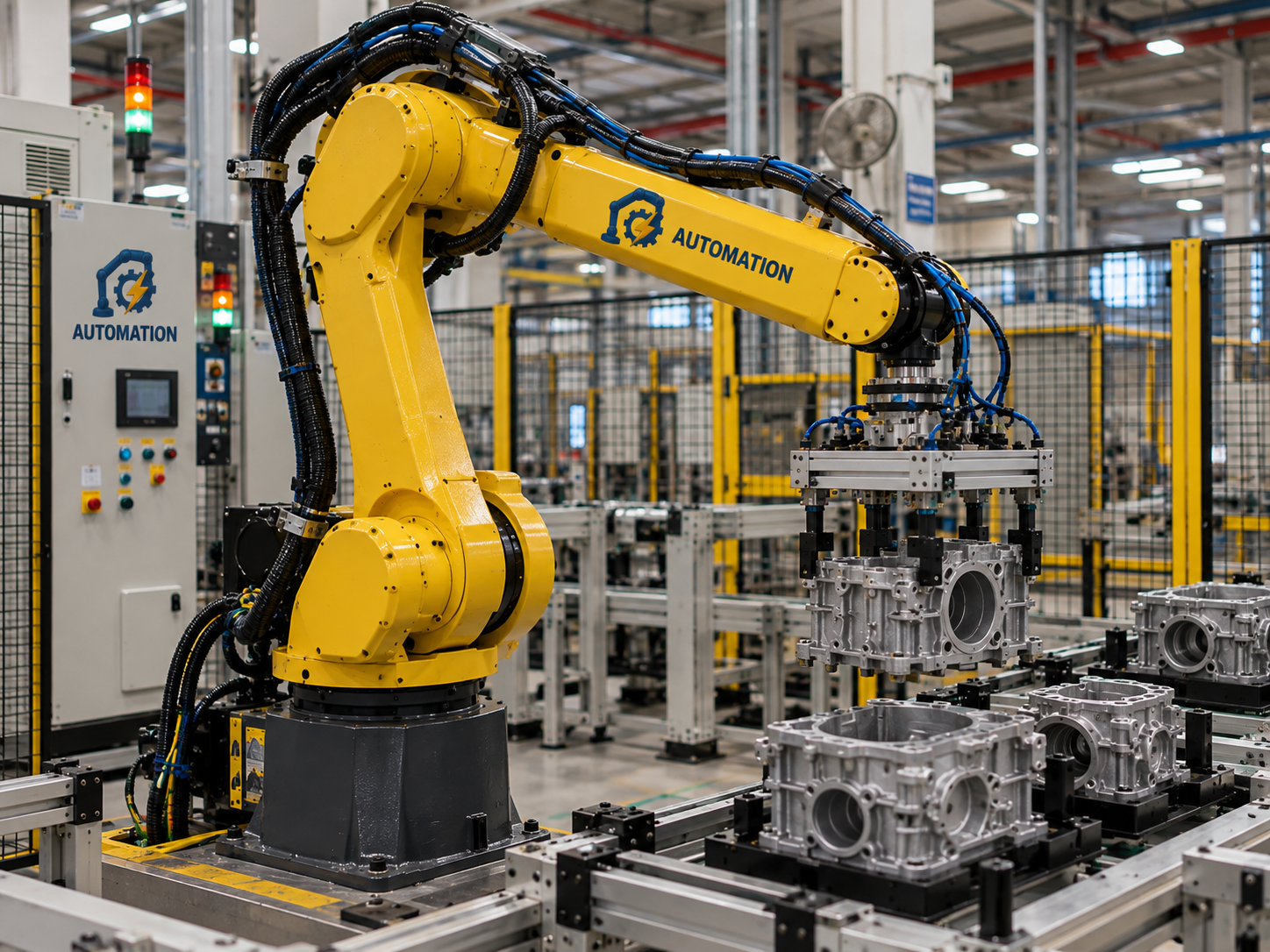 Pick and place robotic arm handling machined castings